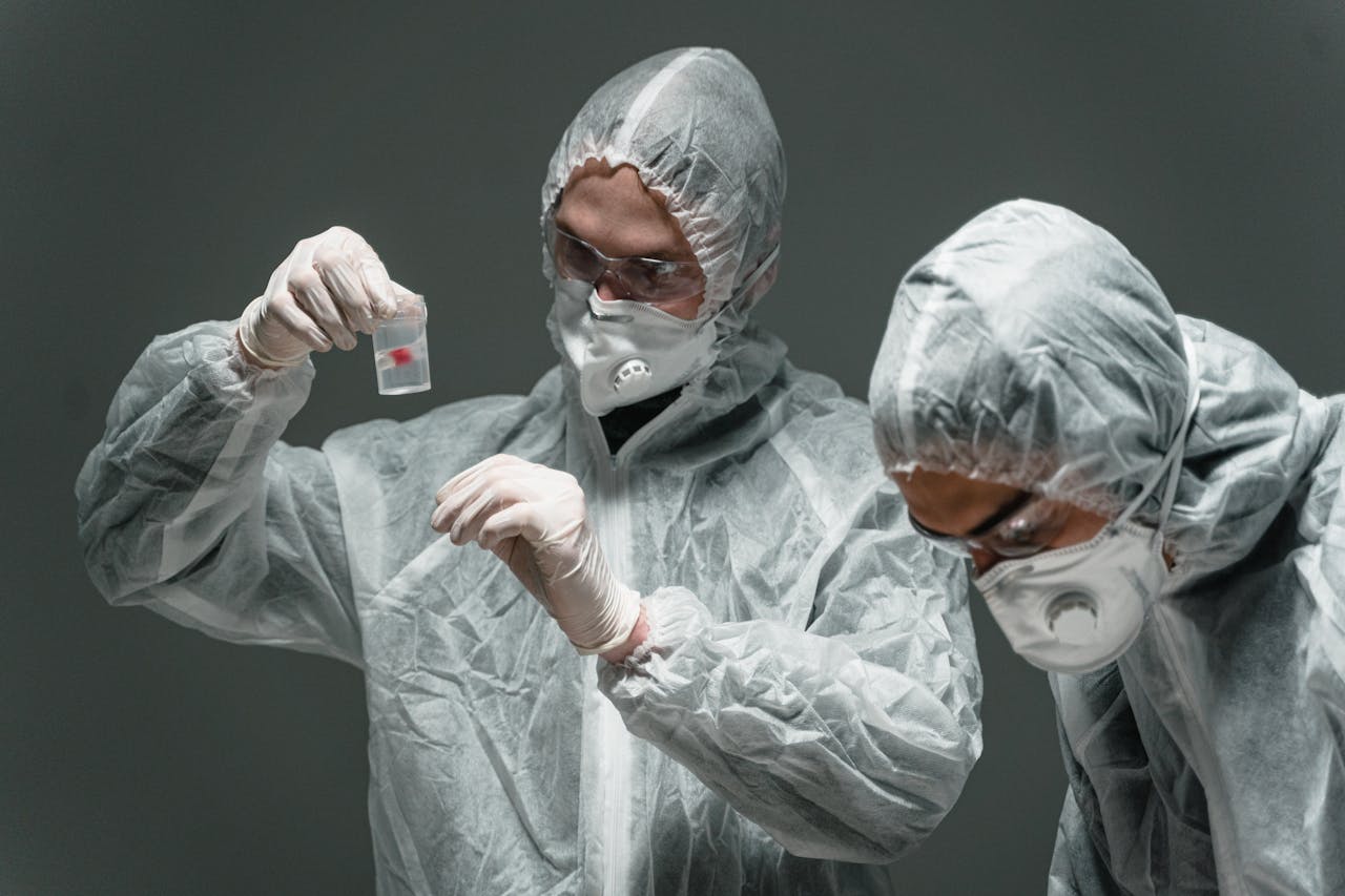 Two scientists in protective suits working in a lab, examining samples safely.